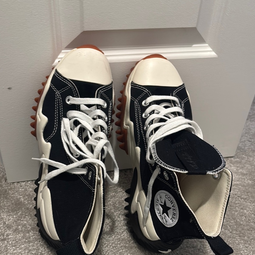 Converse Black and Cream High-Tops with Orange Sole